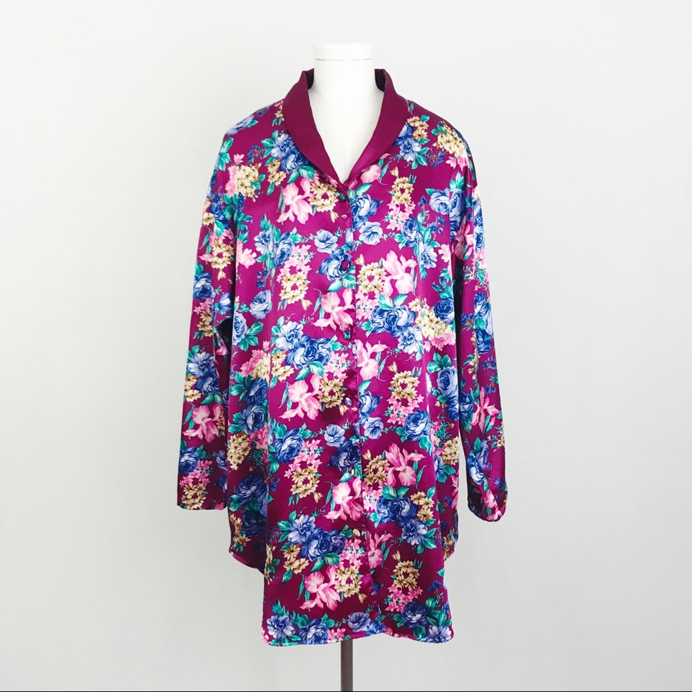 Vintage Botanical Satin Nightgown | Size L